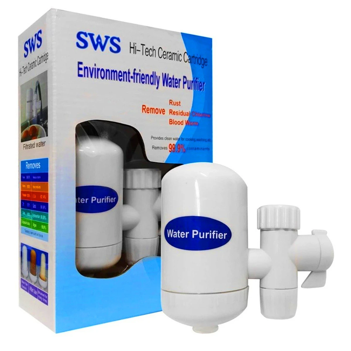 nowSWS Mini Water Purifier PRODUCT DESCRIPTION SWS Mini Water Purifier এর সাহায্যে ইনস্ট্যান্ট যেকোনো পানির ট্যাবের সাথে সহজেই লাগিয়ে  আপনি পরিষ্কার বিশুদ্ধ আয়রন মুক্ত পানি পান করতে পারবেন। এতে আপনার পরিবারের মানুষ এবং আপনি থাকবেন সুস্থ।    এছাড়া গোসল, রান্নাবান্না, কাপড় কাপড় ধোয়া ইত্যাদি কাজে আয়রন যুক্ত পানি নিয়ে আর চিন্তা করতে হবে না। এটি খুবই কার্যকরি একটি ফিলটার। এটি টেপ কল এর সাথে লাগাতে হয়। যেকোনো সাইজের কলের সাথে ফিটিং করা যাবে।   SWS HI-TECH Water Purifier আপনার টেপের পানিকে সকল প্রকার ক্ষতিকর জীবাণু ও ভারী ধাতু মুক্ত করার মাধ্যমে পান করা ও রান্নাসহ সকল প্রকার ব্যবহারের নিশ্চয়তা প্রদান করে। সিরামিক ফিলটার সহজেই খুলে পরিষ্কার করা যায়। স্টাইলিশ ডিজাইন। টেপ ওয়াটার পিউরিফায়ার ১০,০০০ (দশ-হাজার) লিটার পর্যন্ত পানি পরিশোধন করতে পারে। SWS MINI WATER PURIFIER